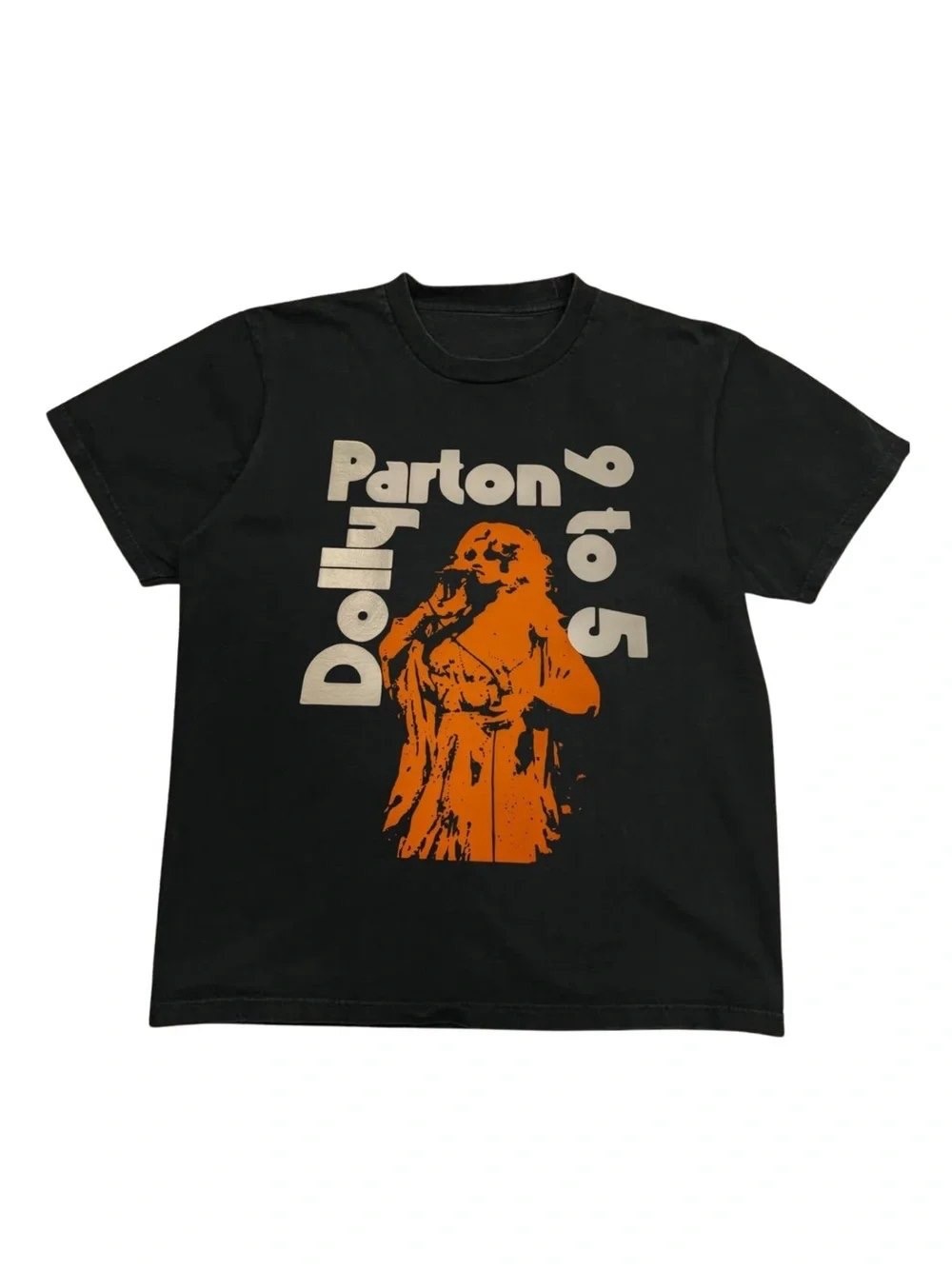 Black Tee with Orange & Beige Dolly Parton 9 to 5 Graphic